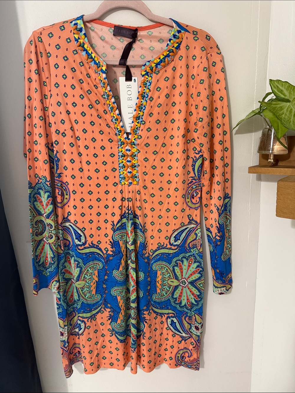 Hale Bob Peach Tunic Dress with Bold Blue Paisley Border
